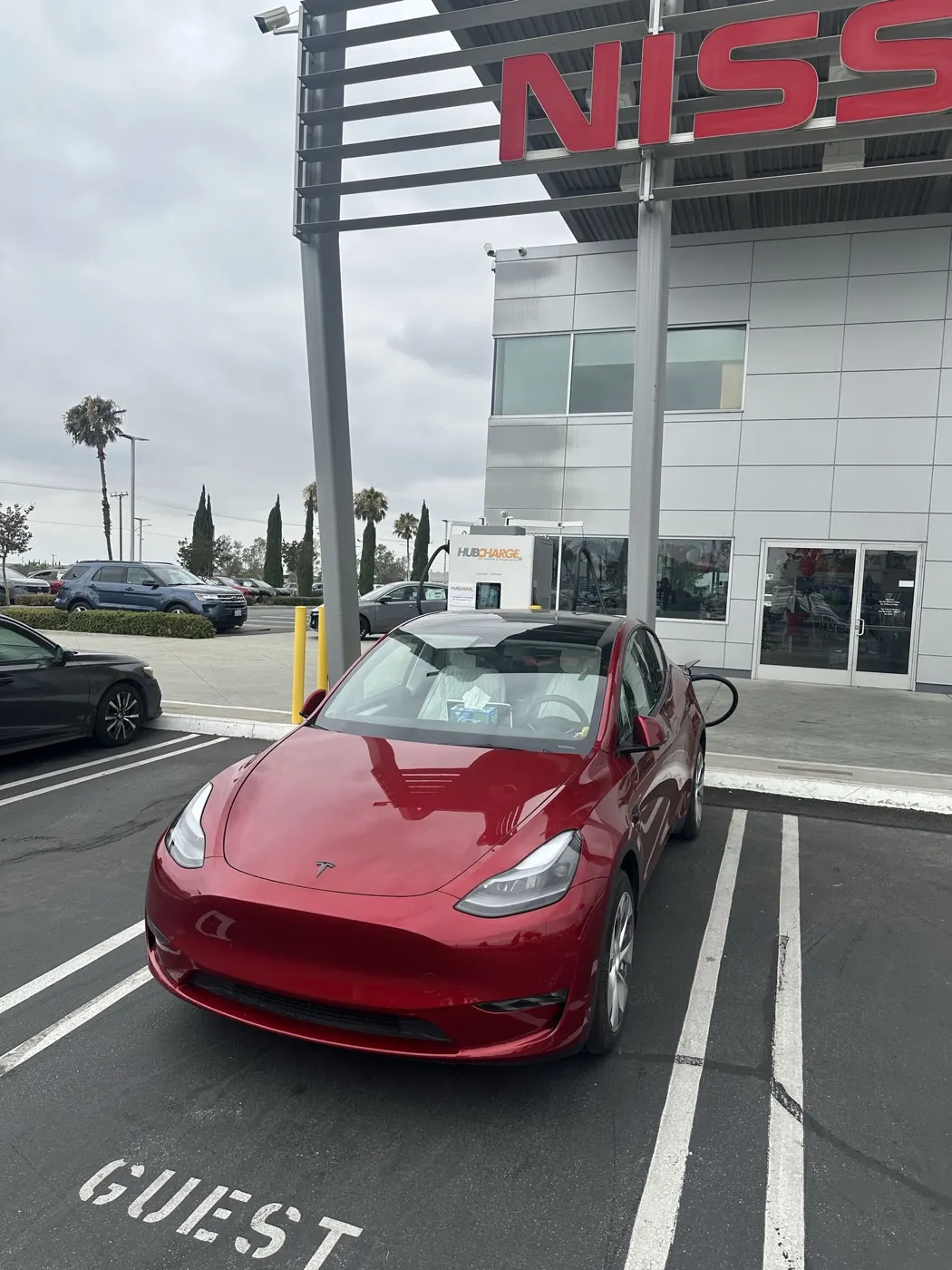 The HubCharge charging bays on the Fontana Nissan forecourt