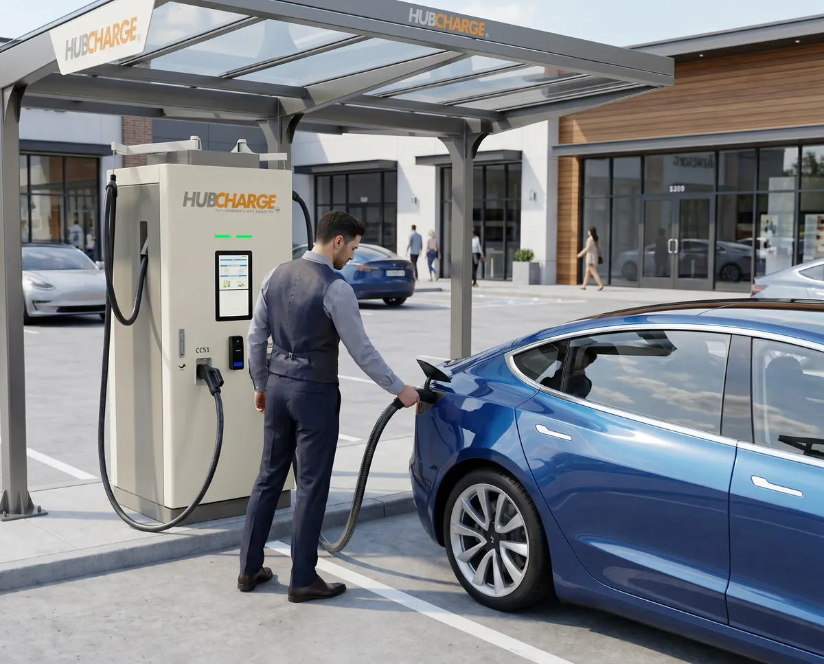 An attendant plugging a charging cable into an electric car