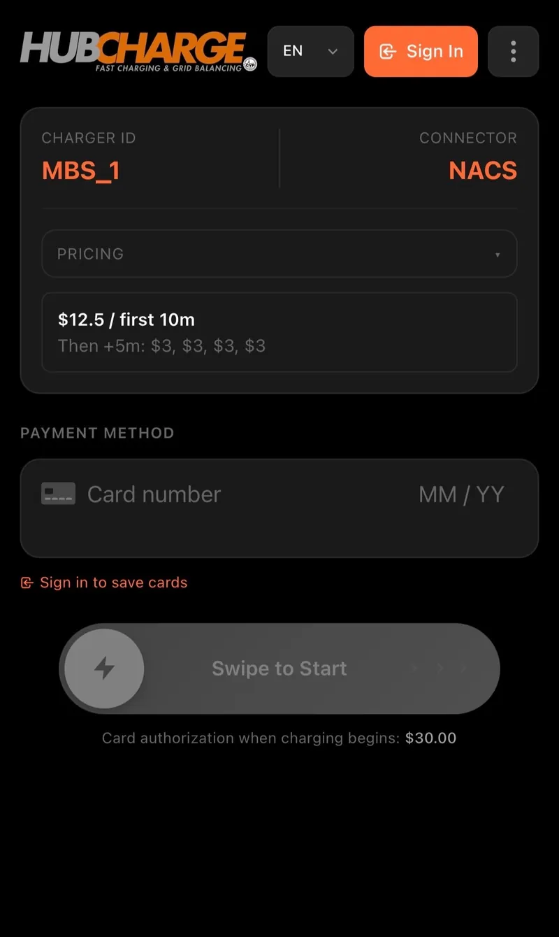 The HubCharge web app open in a phone browser at hubcharge.com: charger ID MBS_1 on a NACS connector, the session rate of $12.50 for the first ten minutes then $3 per additional five, a card entry field, and a swipe-to-start control. A card authorisation of $30.00 is noted when charging begins.