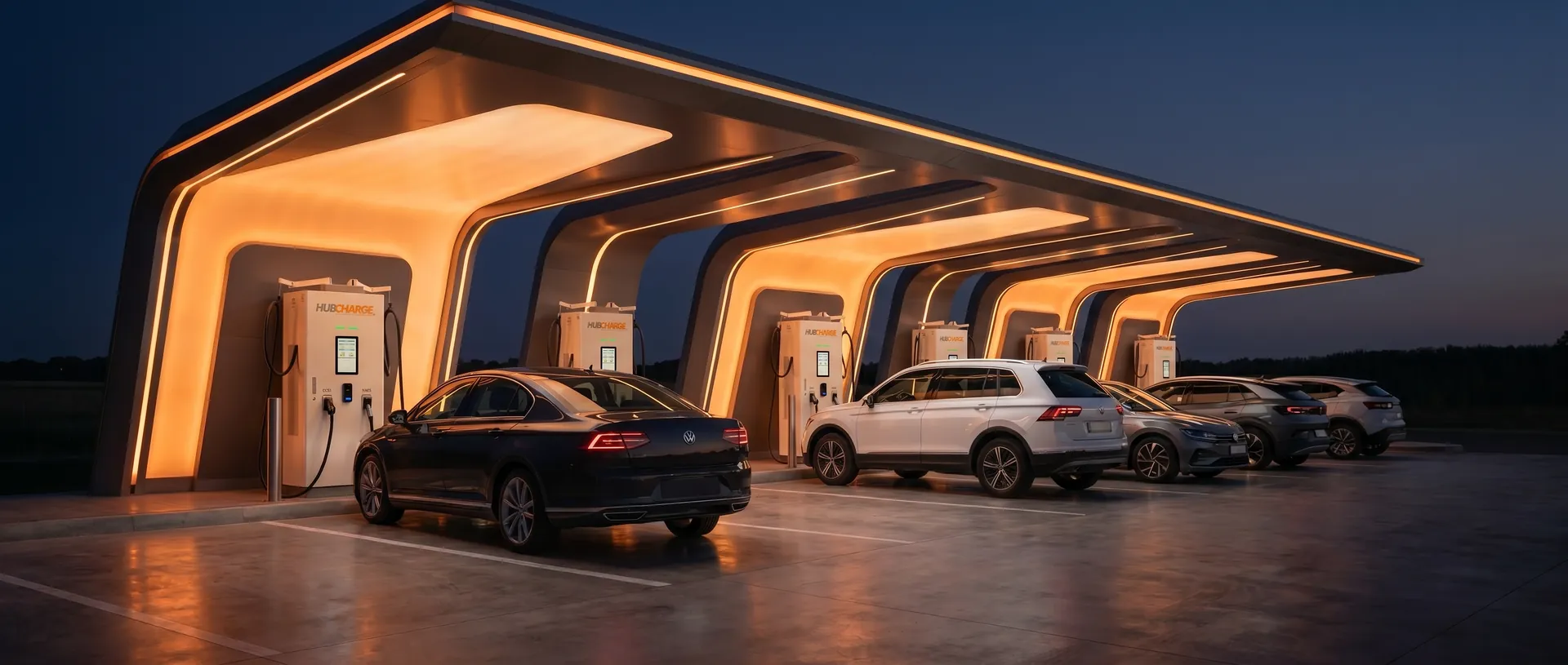 A HubCharge station at dusk, cars charging beneath a lit canopy