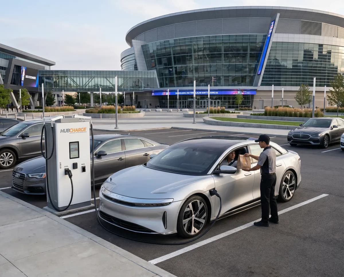 HubCharge attendant delivering coffee to a car window