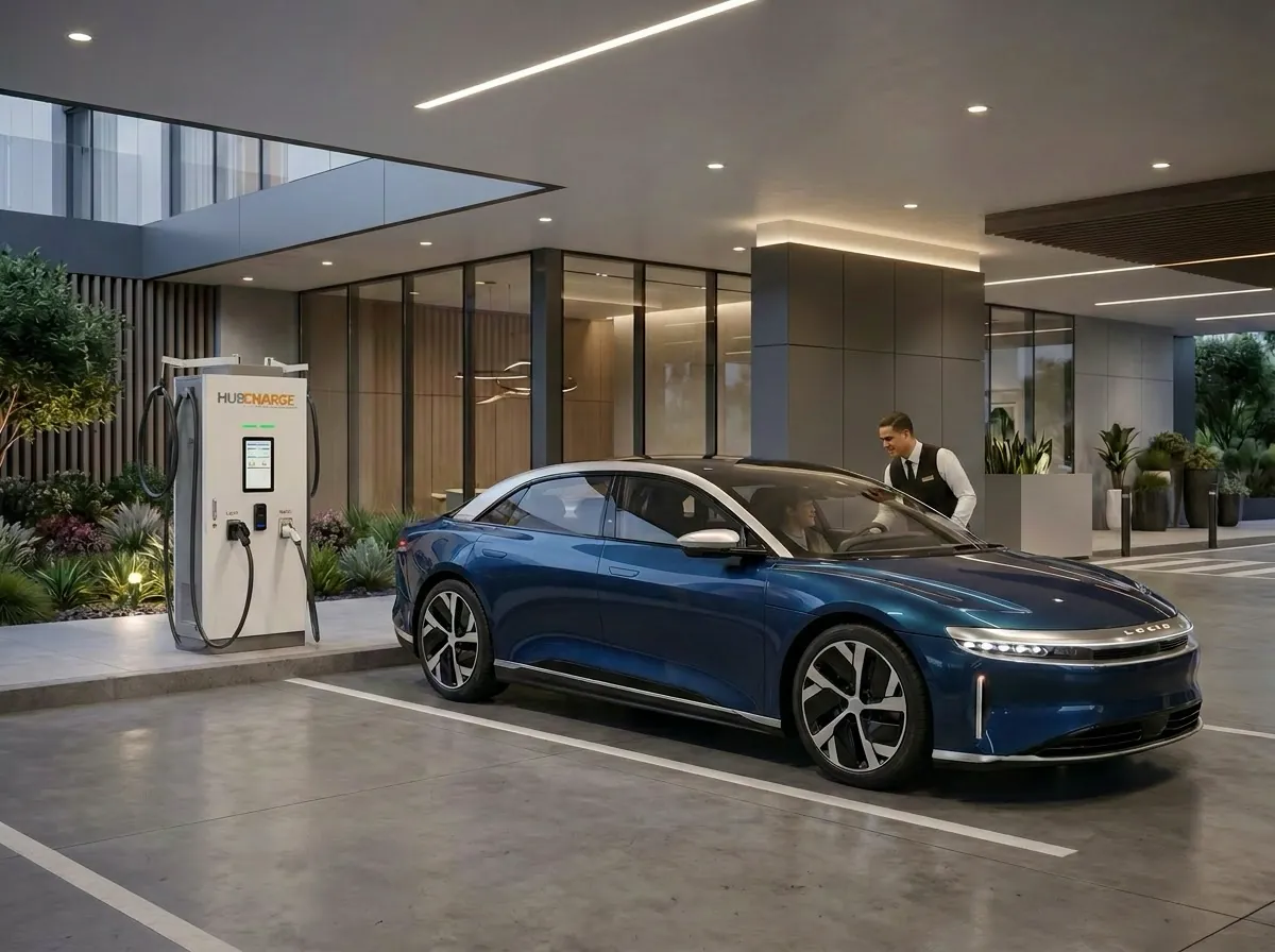 A HubCharge attendant at the driver's window while the car charges behind them